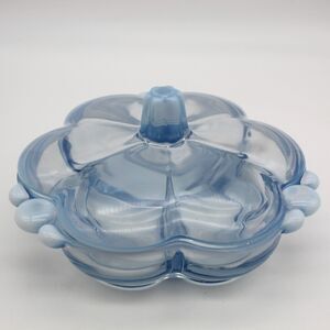 Duncan Miller Canterbury Candy Dish Covered Divided 7.5 inch  VTG Blue Opalescen